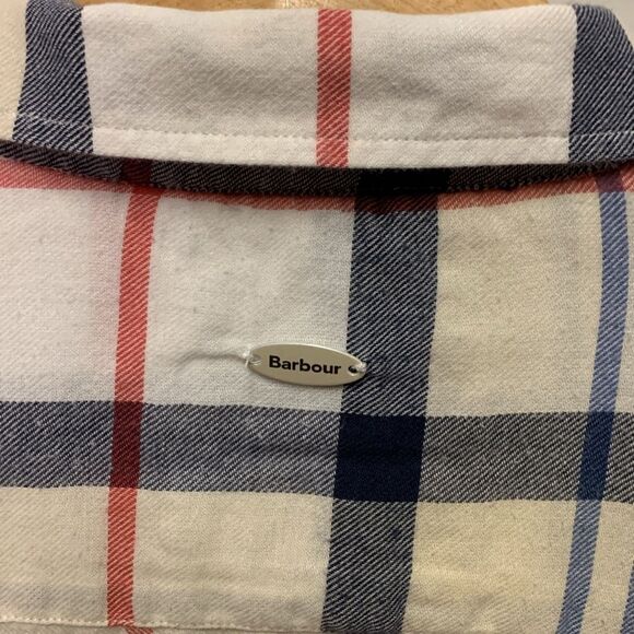 Barbour Summer Tartan Ivory Tan Red Black Hi-Lo LS Button Front Shirt Size 10 - Picture 11 of 13